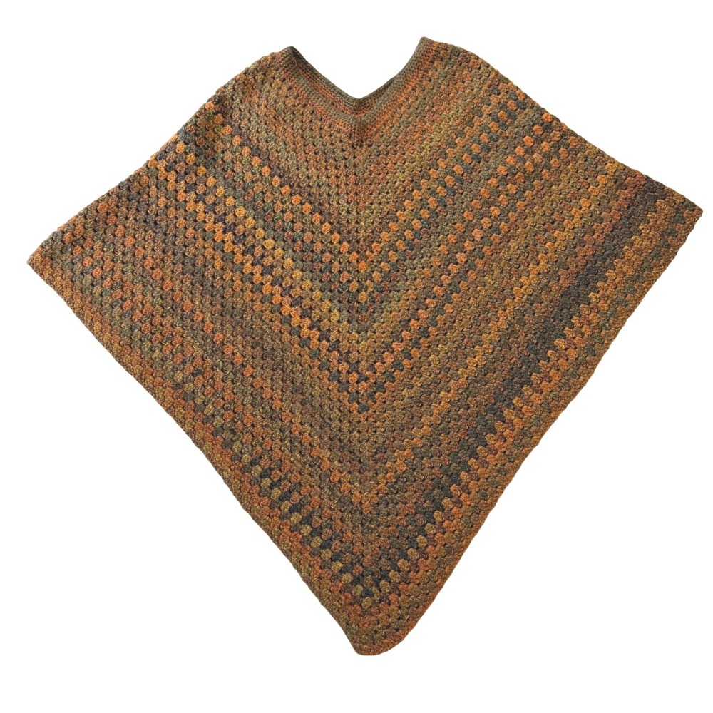New Handmade Crochet Poncho Boho 70s Vintage Style C2C Block Stitch Earth Tone